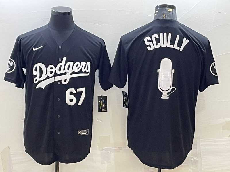 Men%27s Los Angeles Dodgers #67 Vin Scully Black White Big Logo With Vin Scully Patch Stitched Jersey